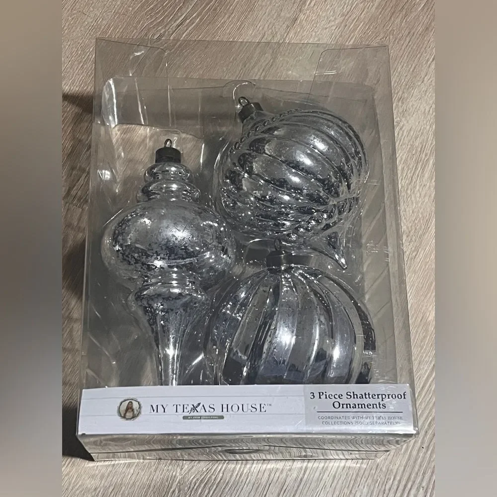 My Texas House Shatterproof Mercury Ornaments Silver 3 Count